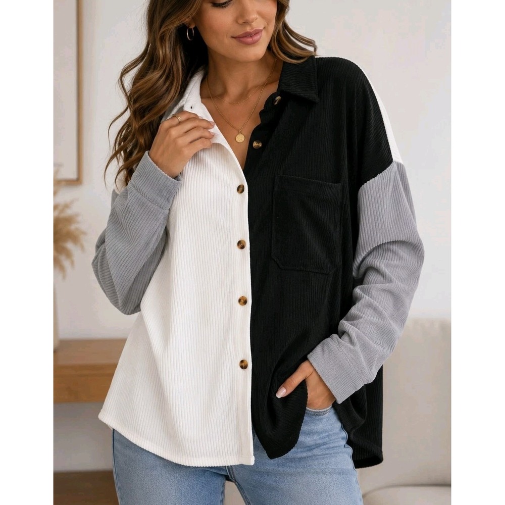 NWT Oversized Color Block Ribbed Button Front Shirt L Long Sleeve Black White - Picture 2 of 13